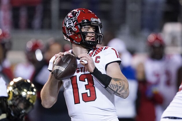 North Carolina State quarterback Devin Leary plays during the second half of an NCAA college football game against Wake Forest Saturday, Nov. 13, 2021, in Winston-Salem, N.C. (AP Photo/Chris Carlson)