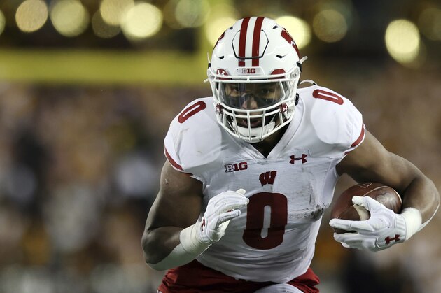 Wisconsin running back Braelon Allen (0) carries the ball during the second half of an NCAA college football game against Minnesota, Saturday, Nov. 27, 2021, in Minneapolis. Minnesota won 23-13. (AP Photo/Stacy Bengs)