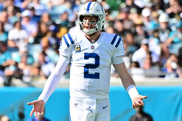 JACKSONVILLE, FLORIDA - JANUARY 09: Carson Wentz #2 of the Indianapolis Colts looks to the sidelines during the second quarter in the game against the Jacksonville Jaguars at TIAA Bank Field on January 09, 2022 in Jacksonville, Florida. (Photo by Julio Aguilar/Getty Images)