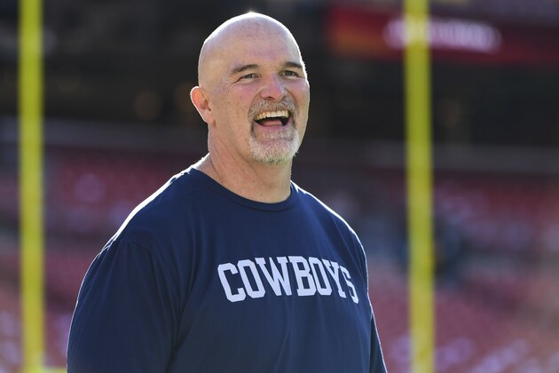 Dallas Cowboys defensive coordinator Dan Quinn looks on during pre-game warm-ups before an NFL football game against the Washington Football Team, Sunday, Dec. 12, 2021, in Landover, Md. (AP Photo/Terrance Williams)