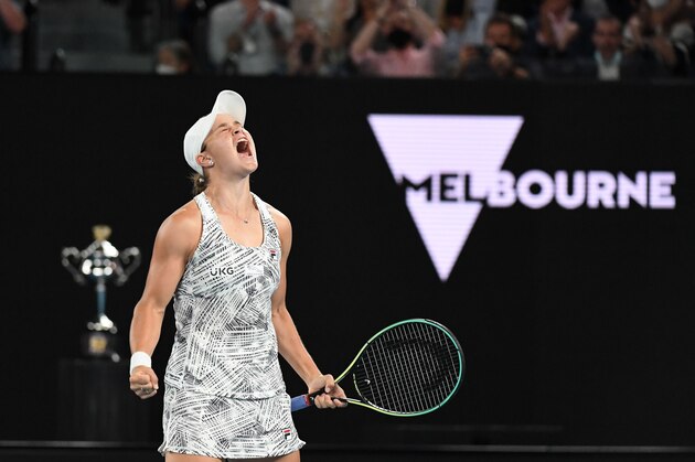 MELBOURNE, AUSTRALIA - JANUARY 29: Ashleigh Barty of Australia celebrates after winning the women's singles match of the Australian Open Grand Tennis Tournament by beating her opponent Danielle Collins (not seen) of the US in Melbourne, Australia on January 29, 2022. (Photo by Recep Sakar/Anadolu Agency via Getty Images)