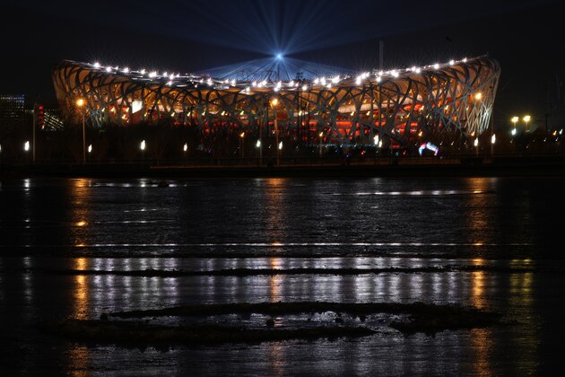A light show is seen at the iconic Bird's Nest Stadium during a rehearsal for the opening ceremony of the Beijing 2022 Winter Olympics to be held in Beijing, China, Thursday, Jan. 27, 2022. (AP Photo/Ng Han Guan)