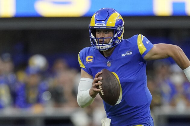 Los Angeles Rams' Matthew Stafford during the first half of the NFC Championship NFL football game against the San Francisco 49ers Sunday, Jan. 30, 2022, in Inglewood, Calif. (AP Photo/Mark J. Terrill)