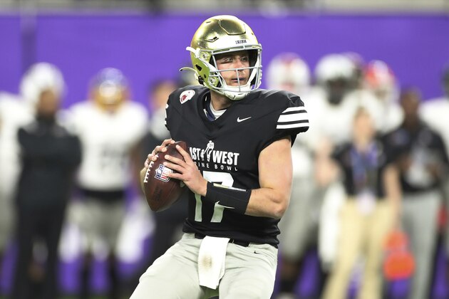 West quarterback Jack Coan, of Notre Dame, (17) looks to pass the ball against the East during the East West Shrine Bowl football game at Allegiant Stadium in Las Vegas, Thursday, Feb. 3, 2022. (AP Photo/Gregory Payan)