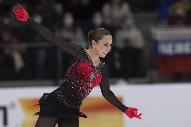 Russia's Kamila Valieva performs during the women's free skating competition of the ISU European Figure Skating Championships in Tallinn, Estonia, Saturday, Jan. 15, 2022. (AP Photo/Raul Mee)
