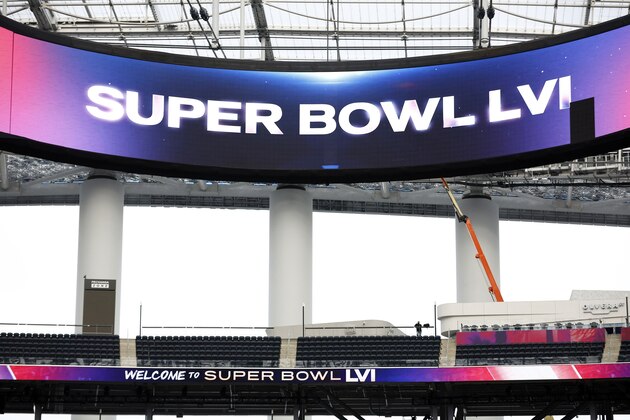 INGLEWOOD, CALIFORNIA - FEBRUARY 01:   A view of SoFi Stadium as workers prepare for Super Bowl LVI on February 01, 2022 in Inglewood, California. (Photo by Ronald Martinez/Getty Images)