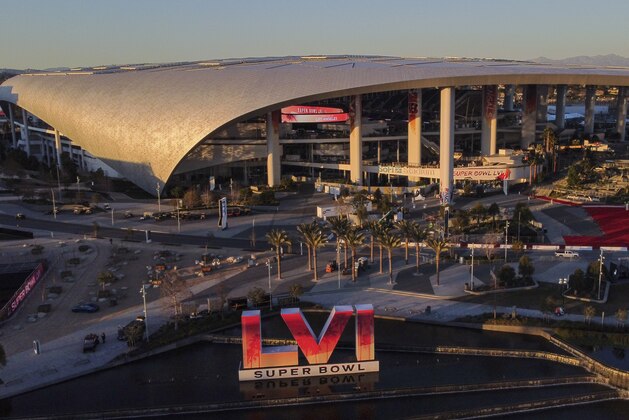SoFi Stadium is seen Friday, Feb. 4, 2022, in Inglewood, Calif. SoFi Stadium is the site of Super Bowl LVI scheduled to be played on Sunday, Feb. 13, 2022. (AP Photo/Morry Gash)