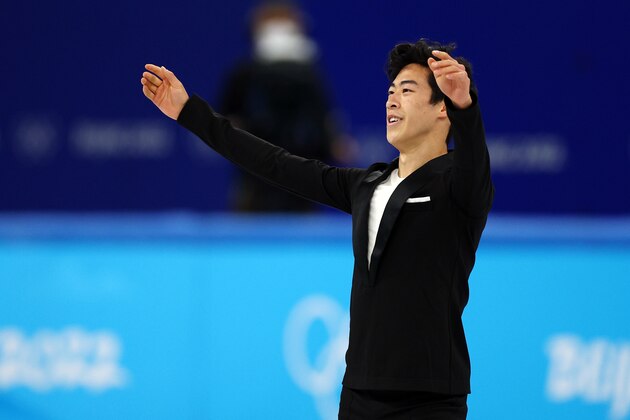 BEIJING, CHINA - FEBRUARY 04: Nathan Chen of Team United States reacts in the Men's Single Skating Short Program Team Event during the Beijing 2022 Winter Olympic Games at Capital Indoor Stadium on February 04, 2022 in Beijing, China. (Photo by Elsa/Getty Images)