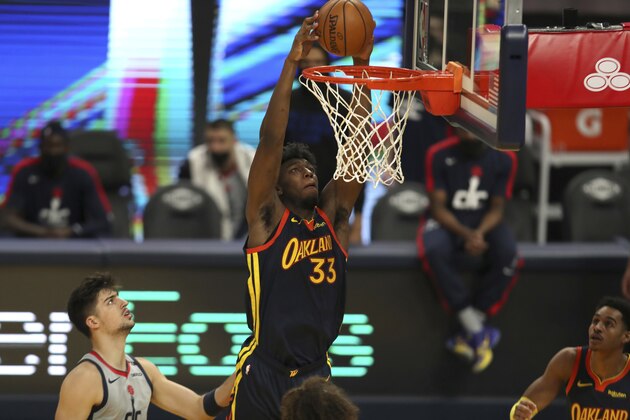 Golden State Warriors center James Wiseman shoots against the Washington Wizards during the first half of an NBA basketball game in San Francisco, Friday, April 9, 2021. (AP Photo/Jed Jacobsohn)