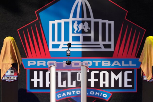 CANTON, OH - AUGUST 07: A detail view of the Pro Football Hall of Fame logo is seen on stage during the Pro Football HOF Centennial Class of 2020 enshrinement ceremonies on August 7, 2021 at Tom Benson Hall of Fame Stadium, in Canton, OH. (Photo by MSA/Icon Sportswire via Getty Images)