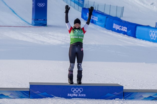 BEIJING, CHINA - February 09:   Lindsey Jacobellis of the United States celebrates winning the gold medal during the  Women's Snowboard Cross at Genting Snow Park during the Winter Olympic Games on February 9th, 2022 in Zhangjiakou, China.  (Photo by Tim Clayton/Corbis via Getty Images)
