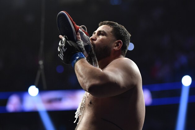 LAS VEGAS, NEVADA - DECEMBER 11: Tai Tuivasa of Australia celebrates after defeating Augusto Sakai of Brazil in their heavyweight bout during the UFC 269 on December 11, 2021 in Las Vegas, Nevada. (Photo by Chris Unger/Zuffa LLC)