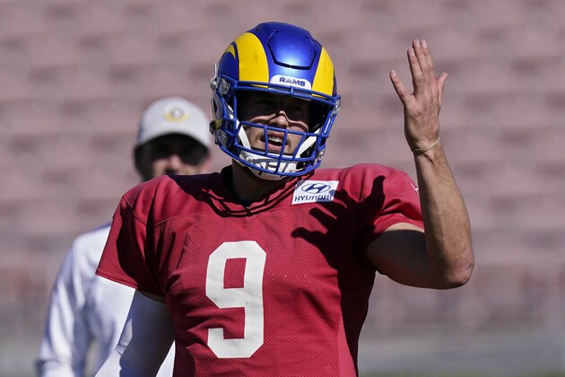 Los Angeles Rams quarterback Matthew Stafford gestures during practice for an NFL Super Bowl football game Thursday, Feb. 10, 2022, in Pasadena, Calif. The Rams are scheduled to play the Cincinnati Bengals in the Super Bowl on Sunday. (AP Photo/Mark J. Terrill)
