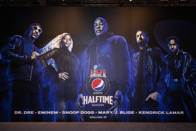 LOS ANGELES, CA - FEBRUARY 08: Detail view of the LVI Super Bowl Halftime Show present by Pepsi: Dr. Dre, Eminem, Snoop Dogg, Mary J. Blige and Kendrick Lamar sign seen at the Super Bowl Experience on February 08, 2022, at the Los Angeles Convention Center in Los Angeles, CA. (Photo by Ric Tapia/Icon Sportswire via Getty Images)