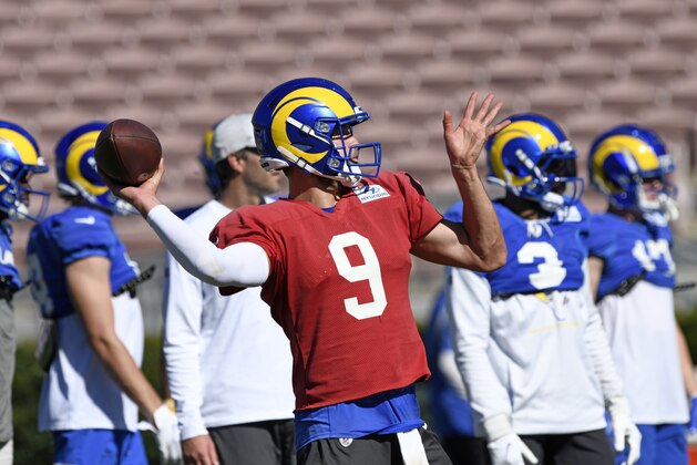 PASADENA, CA - FEBRUARY 10: Quarterback Matthew Stafford #9 of the Los Angeles Rams throws during practice in preparation for Super Bowl LVI at the Rose Bowl on February 10, 2022 in Pasadena, California.The Rams play against the Cincinnati Bengals on Sunday. (Photo by Kevork Djansezian/Getty Images)