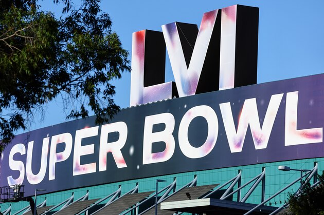 LOS ANGELES, CALIFORNIA - FEBRUARY 11: The Super Bowl LVI logo is displayed on the Los Angeles Convention Center, site of the Super Bowl Experience, the NFL's 'interactive football theme park', ahead of Super Bowl LVI on February 11, 2022 in Los Angeles, California. Super Bowl LVI will be played on February 13 at SoFi Stadium in Inglewood, California, where the hometown Los Angeles Rams will face the Cincinnati Bengals. (Photo by Mario Tama/Getty Images)