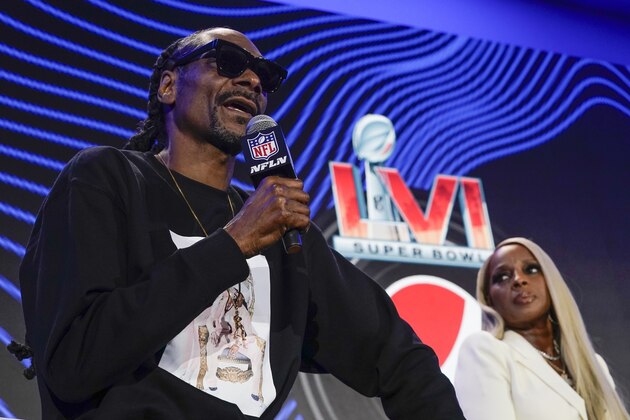 Snoop Dogg answers a question during a news conference for the Super Bowl LVI halftime show Thursday, Feb. 10, 2022, in Los Angeles. (AP Photo/Morry Gash)