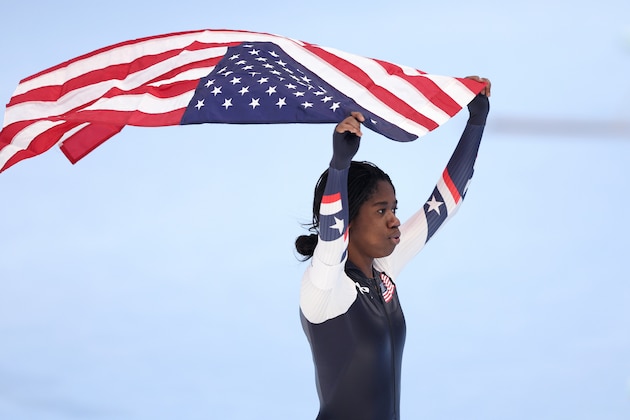 BEIJING, CHINA - FEBRUARY 13: Erin Jackson of Team United States reacts after winning the gold medal during the Women's 500m on day nine of the Beijing 2022 Winter Olympic Games at National Speed Skating Oval on February 13, 2022 in Beijing, China. (Photo by Richard Heathcote/Getty Images)