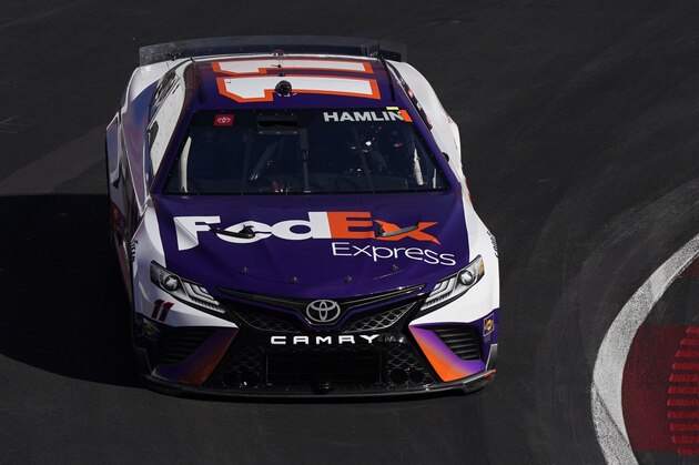 Denny Hamlin races during a practice session at the Los Angeles Memorial Coliseum ahead of a NASCAR exhibition auto race Saturday, Feb. 5, 2022, in Los Angeles. (AP Photo/Marcio Jose Sanchez)