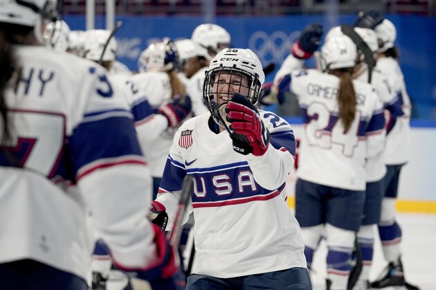 United States' Kendall Coyne Schofield celebrates after a win against Finland in a preliminary round women's hockey game at the 2022 Winter Olympics, Thursday, Feb. 3, 2022, in Beijing. (AP Photo/Petr David Josek)