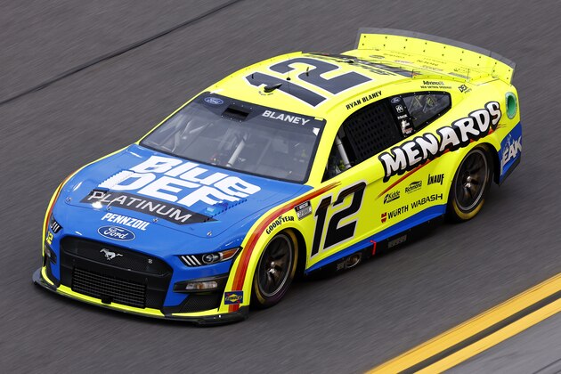 DAYTONA BEACH, FLORIDA - FEBRUARY 15: Ryan Blaney, driver of the #12 Menards/Blue DEF/PEAK Ford, drives during practice for the NASCAR Cup Series 64th Annual Daytona 500 at Daytona International Speedway on February 15, 2022 in Daytona Beach, Florida. (Photo by Jared C. Tilton/Getty Images)