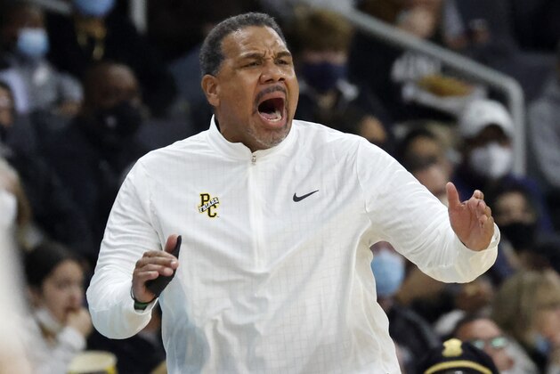 Providence head coach Ed Cooley reacts to a call during the first half of an NCAA college basketball game against Butler, Sunday, Jan. 23, 2022, in Providence, R.I. (AP Photo/Mary Schwalm)