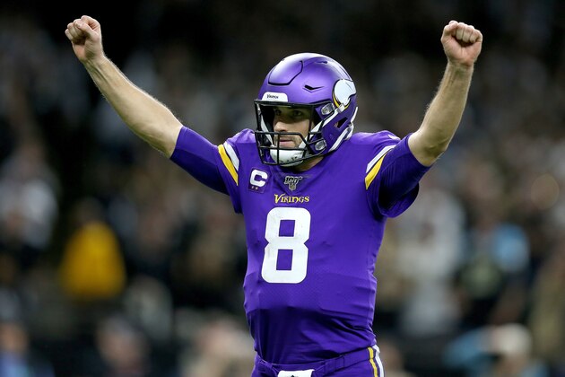 NEW ORLEANS, LOUISIANA - JANUARY 05: Kirk Cousins #8 of the Minnesota Vikings celebrates after winning the NFC Wild Card Playoff game against the New Orleans Saints at Mercedes Benz Superdome on January 05, 2020 in New Orleans, Louisiana. (Photo by Jonathan Bachman/Getty Images)