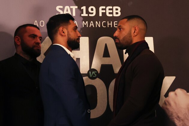 LONDON, ENGLAND - NOVEMBER 29: Amir Khan and Kell Brook go head-to-head as they announce an upcoming fight during a BOXXER Press Conference at Hilton Park Lane on November 29, 2021 in London, England. (Photo by Warren Little/Getty Images)