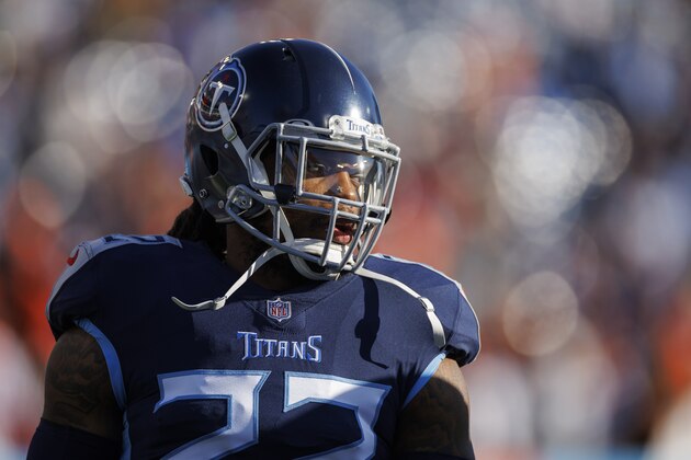 Tennessee Titans running back Derrick Henry (22) warms up before an NFL divisional playoff football game against the Cincinnati Bengals, Saturday, Jan. 22, 2022, in Nashville, Tenn. (AP Photo/Brett Carlsen)