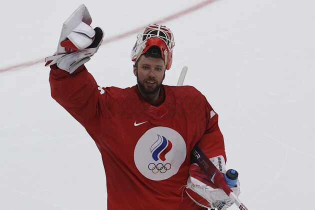 BEIJING, CHINA - FEBRUARY 18: Ivan Fedotov (28) of Russian Olympic Committee (ROC) competes during Men's Ice Hockey semi-final between Russian Olympic Committee (ROC) and Sweden at the Beijing 2022 Winter Olympic Games in Beijing, China on February 18, 2022. (Photo by Nikolay Muratkin/Anadolu Agency via Getty Images)