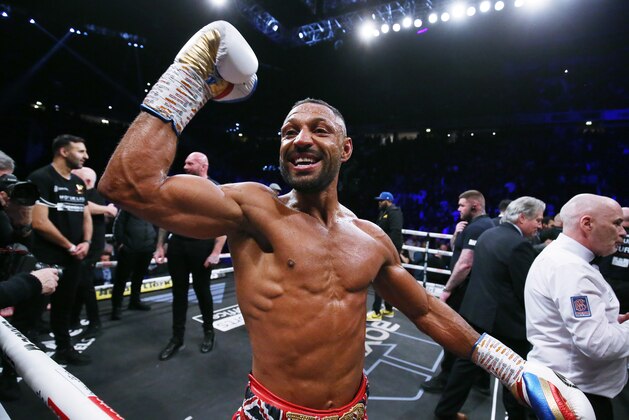 MANCHESTER, ENGLAND - FEBRUARY 19: Kell Brook celebrates victory over Amir Khan (not pictured) during their Welterweight contest at AO Arena on February 19, 2022 in Manchester, England. (Photo by Nigel Roddis/Getty Images)