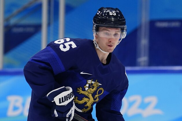Finland's Sakari Manninen warms up for a men's semifinal hockey game against Slovakia at the 2022 Winter Olympics, Wednesday, Feb. 16, 2022, in Beijing. (AP Photo/Matt Slocum)