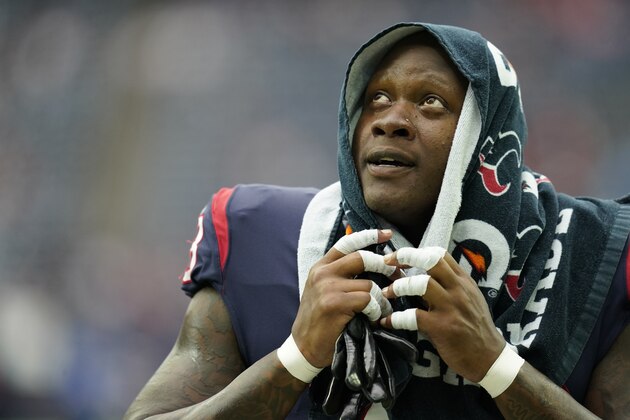 Houston Texans offensive lineman Laremy Tunsil (78) during pregame warmups before an NFL football game against the New England Patriots, Sunday, Oct. 10, 2021, in Houston. (AP Photo/Matt Patterson)
