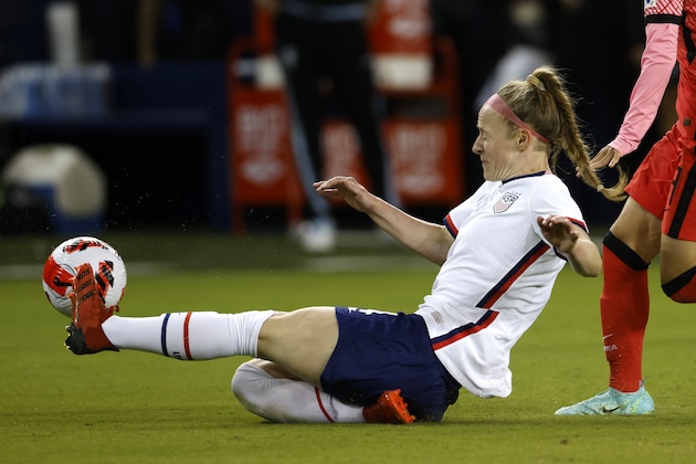 United States defender Becky Sauerbrunn during the second half of an international friendly soccer match against South Korea in Kansas City, Kan., Thursday, Oct. 21, 2021. (AP Photo/Colin E. Braley)