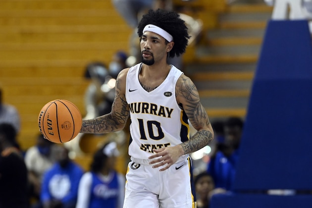 Murray State guard Tevin Brown (10) plays against Tennessee State during the first half of an NCAA college basketball game Thursday, Feb. 10, 2022, in Nashville, Tenn. (AP Photo/Mark Zaleski)