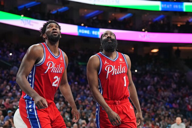 PHILADELPHIA, PA - MARCH 2: Joel Embiid #21 of the Philadelphia 76ers and James Harden #1 of the Philadelphia 76ers look to rebound against the New York Knicks on March 2, 2022 at Wells Fargo Center in Philadelphia, Pennsylvania. NOTE TO USER: User expressly acknowledges and agrees that, by downloading and/or using this Photograph, user is consenting to the terms and conditions of the Getty Images License Agreement. Mandatory Copyright Notice: Copyright 2022 NBAE (Photo by Jesse D. Garrabrant/NBAE via Getty Images)