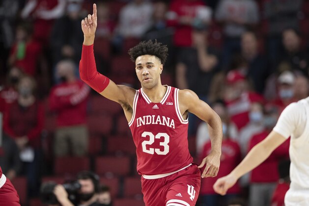 Indiana's Trayce Jackson-Davis (23) reacts after making a basket against Nebraska during the first half of an NCAA college basketball game Monday, Jan. 17, 2022, in Lincoln, Neb. (AP Photo/Rebecca S. Gratz)