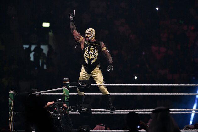 Rey Mysterio greets the crowd during the WWE World Cup Quarterfinal match as part of as part of the World Wrestling Entertainment (WWE) Crown Jewel pay-per-view at the King Saud University Stadium in Riyadh on November 2, 2018. (Photo by Fayez Nureldine / AFP)        (Photo credit should read FAYEZ NURELDINE/AFP via Getty Images)