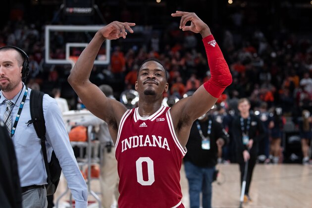 INDIANAPOLIS, IN - MARCH 11: Indiana Hoosiers guard Xavier Johnson (0) celebrates after the mens Big Ten tournament college basketball game between the Indiana Hoosiers and Illinois Fighting Illini on March 11, 2022, at Gainbridge Fieldhouse in Indianapolis, IN. (Photo by Zach Bolinger/Icon Sportswire via Getty Images) INDIANAPOLIS, IN - MARCH 11: Indiana Hoosiers guard Xavier Johnson (0) celebrates after the mens Big Ten tournament college basketball game between the Indiana Hoosiers and Illinois Fighting Illini on March 11, 2022, at Gainbridge Fieldhouse in Indianapolis, IN. (Photo by Zach Bolinger/Icon Sportswire via Getty Images)