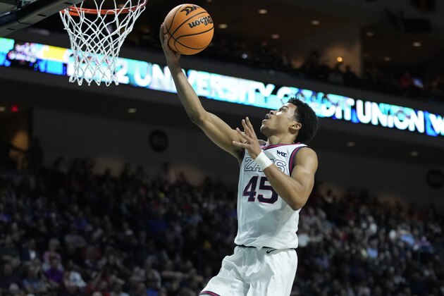Gonzaga's Rasir Bolton (45) shoots against Saint Mary's during the first half of an NCAA college basketball championship game at the West Coast Conference tournament Tuesday, March 8, 2022, in Las Vegas. (AP Photo/John Locher)