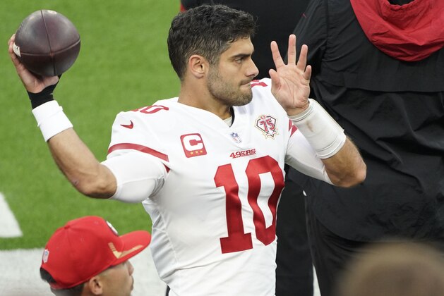 INGLEWOOD, CA - JANUARY 30:  Jimmy Garoppolo #10 of the 49ers during the NFC Conference Championship game between the San Francisco 49ers and the Los Angeles Rams on January 30, 2022, at SoFi Stadium in Inglewood, CA. (Photo by Icon Sportswire)