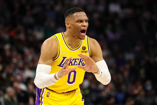 MINNEAPOLIS, MN - MARCH 16: Russell Westbrook #0 of the Los Angeles Lakers reacts after getting called for a foul against the Minnesota Timberwolves in the fourth quarter at Target Center on March 16, 2022 in Minneapolis, Minnesota. The Timberwolves defeated the Lakers 124-104. NOTE TO USER: User expressly acknowledges and agrees that, by downloading and or using this Photograph, user is consenting to the terms and conditions of the Getty Images License Agreement. (Photo by David Berding/Getty Images) MINNEAPOLIS, MN - MARCH 16: Russell Westbrook #0 of the Los Angeles Lakers reacts after getting called for a foul against the Minnesota Timberwolves in the fourth quarter at Target Center on March 16, 2022 in Minneapolis, Minnesota. The Timberwolves defeated the Lakers 124-104. NOTE TO USER: User expressly acknowledges and agrees that, by downloading and or using this Photograph, user is consenting to the terms and conditions of the Getty Images License Agreement. (Photo by David Berding/Getty Images)