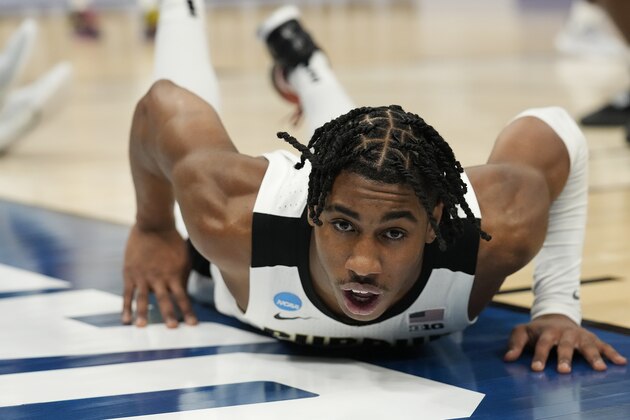 MILWAUKEE, WISCONSIN - MARCH 18: Jaden Ivey #23 of the Purdue Boilermakers reacts after falling to the ground in the first half of the game against the Yale Bulldogs during the first round of the 2022 NCAA Men's Basketball Tournament at Fiserv Forum on March 18, 2022 in Milwaukee, Wisconsin. (Photo by Patrick McDermott/Getty Images)