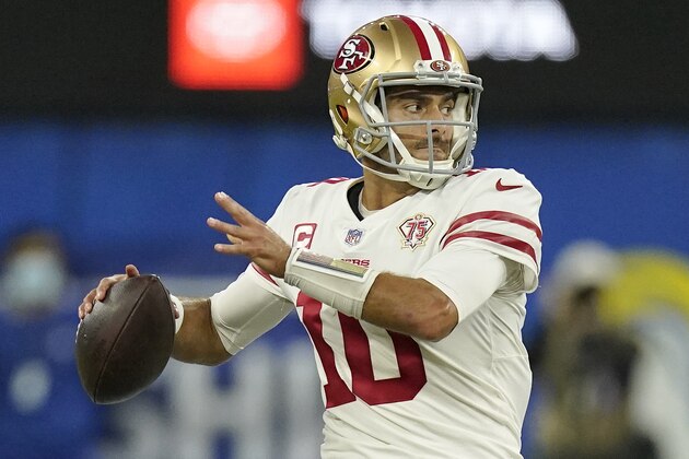San Francisco 49ers' Jimmy Garoppolo throws during the second half of the NFC Championship NFL football game against the Los Angeles Rams Sunday, Jan. 30, 2022, in Inglewood, Calif. (AP Photo/Mark J. Terrill)