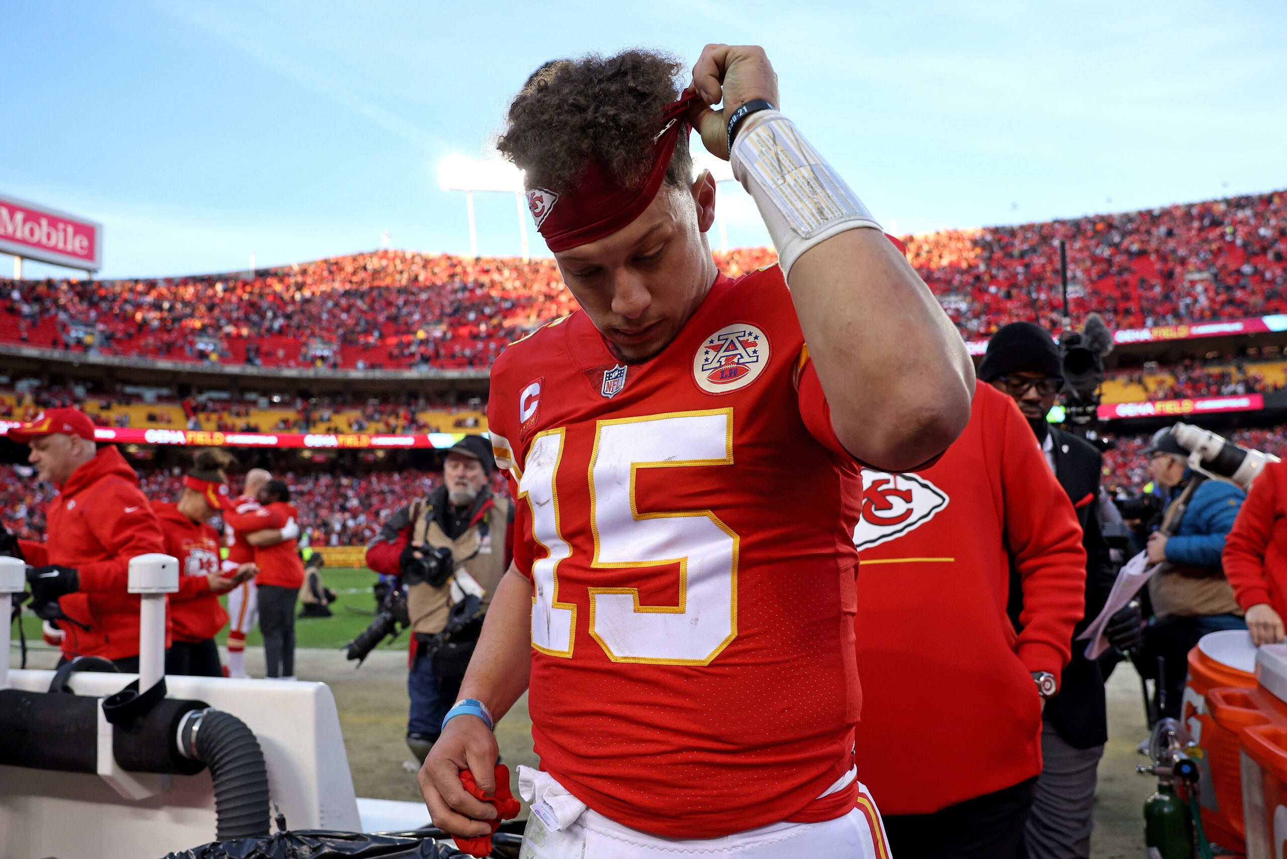 KANSAS CITY, MISSOURI - JANUARY 30: Quarterback Patrick Mahomes #15 of the Kansas City Chiefs walks off the field following the Chiefs 27-24 loss to the Cincinnati Bengals in the AFC Championship Game at Arrowhead Stadium on January 30, 2022 in Kansas City, Missouri. (Photo by Jamie Squire/Getty Images) KANSAS CITY, MISSOURI - JANUARY 30: Quarterback Patrick Mahomes #15 of the Kansas City Chiefs walks off the field following the Chiefs 27-24 loss to the Cincinnati Bengals in the AFC Championship Game at Arrowhead Stadium on January 30, 2022 in Kansas City, Missouri. (Photo by Jamie Squire/Getty Images)