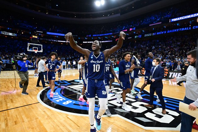 PHILADELPHIA, PA - MARCH 25: Fousseyni Drame #10 of the St. Peter's Peacocks celebrates win against the Purdue Boilermakers during the Sweet 16 round of the 2022 NCAA Mens Basketball Tournament held at Wells Fargo Center on March 25, 2022 in Philadelphia, Pennsylvania. (Photo by Ben Solomon/NCAA Photos via Getty Images)