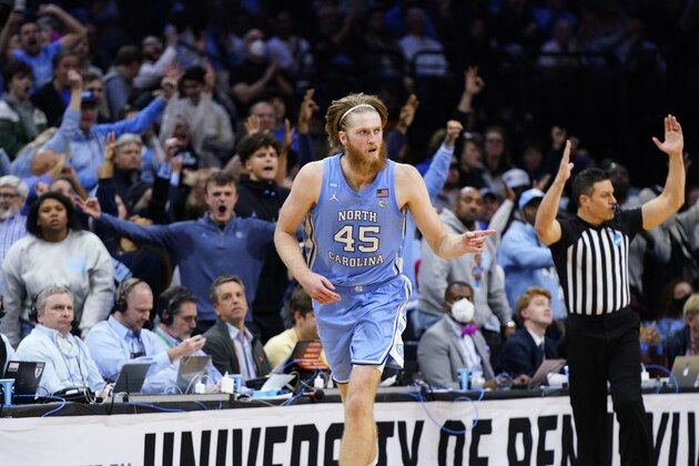North Carolina's Brady Manek reacts during the second half of a college basketball game against UCLA in the Sweet 16 round of the NCAA tournament, Friday, March 25, 2022, in Philadelphia. (AP Photo/Chris Szagola)