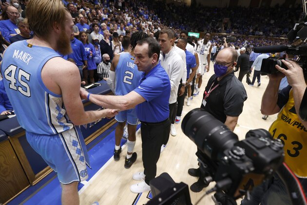 College Basketball: Duke coach Mike Krzyzewski with North Carolina Brady Manek (45) after game at Cameron Indoor Stadium. Durham, NC 3/5/2022 CREDIT: Chris Keane (Photo by Chris Keane/Sports Illustrated via Getty Images) (Set Number: X163978 TK1)