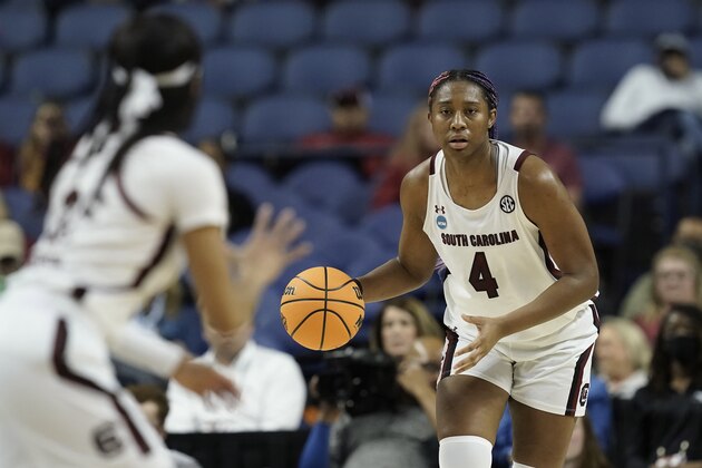 South Carolina forward Aliyah Boston (4) dribbles the ball during the second half of a college basketball game against Creighton in the Elite 8 round of the NCAA tournament in Greensboro, N.C., Sunday, March 27, 2022. (AP Photo/Gerry Broome)