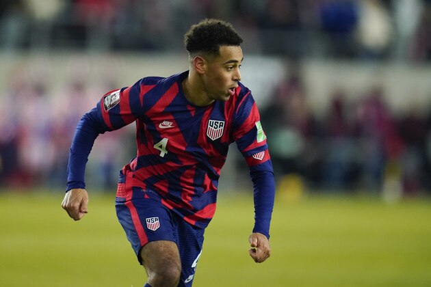 United States' Tyler Adams attacks during the second half of a FIFA World Cup qualifying soccer match between the United States and El Salvador, Thursday, Jan. 27, 2022, in Columbus, Ohio. The U.S. won 1-0. (AP Photo/Julio Cortez)